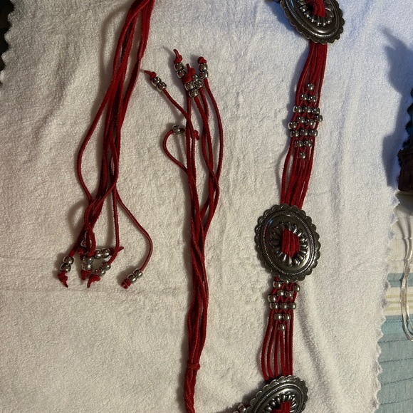 Southwestern Red Leather Concho Belt with Beads Tassell Tie Waist - Picture 2 of 5